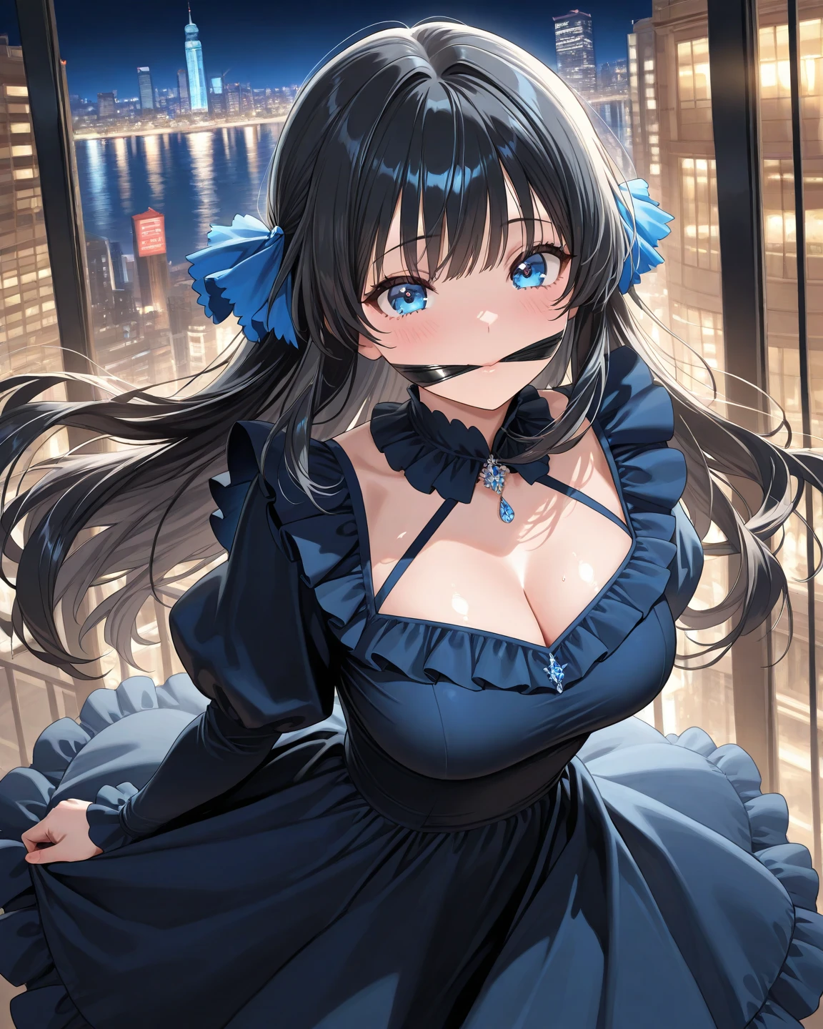 (dynamic angle:1.3, front view:1.1, breast focus:1.3, from above:1.2), (dynamic posing:1.2, sexy posing:1.2), (seductive smiling:1.3), highest quality、(real、photorealistic:1.4),(ultra high resolution, 8K RAW photo, clear focus), best qualtiy, natural lighting, field depth, (Bright pupils, detailed beautiful blue eyes, high detailed face), (tight focus:1.2), a girl 28yo old, Thicc, thin breast, long hair, blue eyes,garter stocking, cleavage:1.2, midriff, black shorts, black thighhighs, thigh strap, pretty girl, (highly detailed beautiful face and eyes,firm breasts),real skin,((black,hair,long pony tail hair)),thin pubic hair,cute,lovely, detailed eyes,(double breasted:1.0,under bust:1.0),(with sparkling eyes and a contagious smile),soft open mouth, Looking at Viewer,