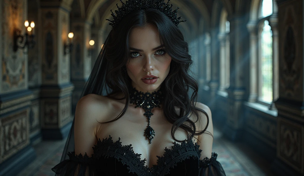 1 European gothic woman, female, full body, black hair, hyperrealistic, ultra detailed face and eyes, realistic representation, her clothing is gothic style, in the picture you can see a castle