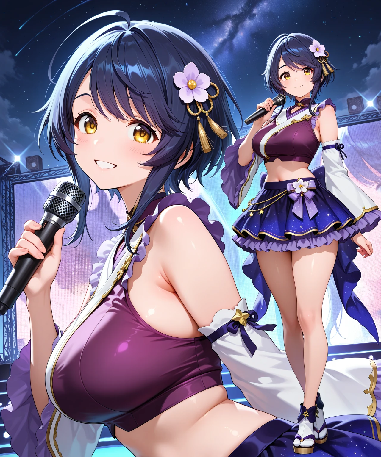 yamadahana, antenna hair ,black hair, short hair, brown eyes, hair ornament,, large breasts, live stage, , solo nipple