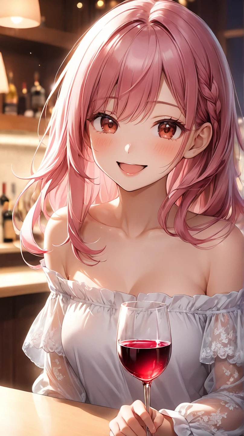 ((masterpiece、Highest quality))cute、My Favorites 、alone、Idol、Pink Hair、Fatty、Ponytail Style、Long Hairstyles、Green Eyes、Pleated skirt、smile、sight、Red cheeks、cuteポーズ、Cleavage Emphasis、Small breasts、Off-the-shoulder sweater、ake、Drunk