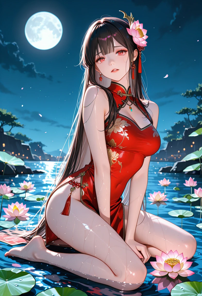 best quality, Very detailed, (actual), masterpiece, lifelike, actual Human Proportions, fantastic realism, perfect lighting, soft light, Natural light, Physically based rendering, Auto white balance, 4k,alone,NSFW,1 girl, (Meiyu Edelfeldt),Change,black hair,brown eyes,seductive smile,NSFW, barefoot, see through dress, Butterfly, Butterfly hair accessories, backless dress, Chinese clothes,sleeveless, twice as good,Golden dragon pattern,barefoot,sole,elbow gloves,bun, hair accessories,jewelry,earrings,Anklet,thin legs,nail polish, small breasts, alone,foot focus, toenail polish, toenails, 5 toes, Double tail,outdoor,Chinese style architecture, Chinese style, lake, ancient town, Beautiful and detailed water,Red Lantern,fireworks,masterpiece, best quality,super detailed, Delicate face shape, nose, red lips, delicate eyes, (The iris and pupil are round, Students reflect on the environment, Eye sizes vary) Eyeliner, eyelash, smooth hair, Smooth skin, Posing for photos