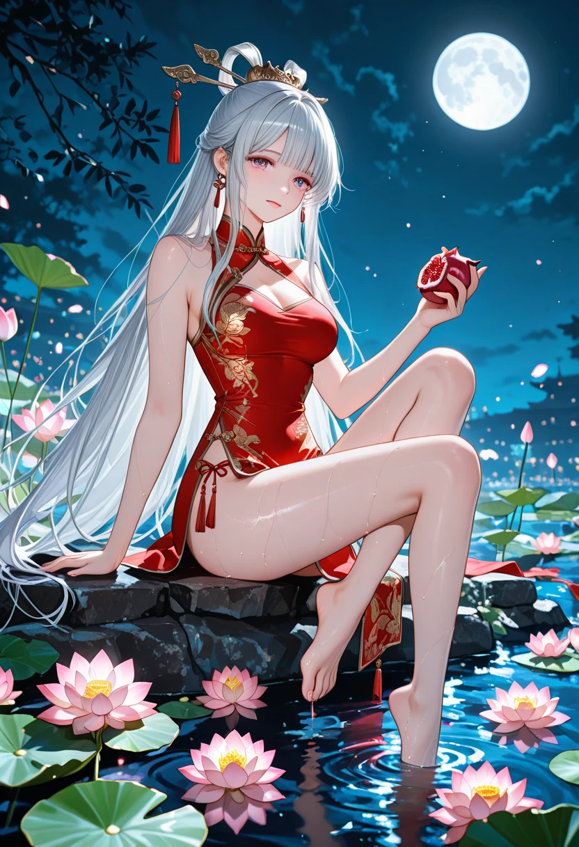 highest quality, 8k, (wide angle lens),1 girl, (Mayl Edelfelt),,long silver hair,red eyes,enchanting smile, barefoot, China dress, butterfly, butterfly hair accessory, backless dress, Chinese service, 2倍good,Golden dragon pattern,barefoot,full moon,elbow bag,good, hair accessory,jewelry,earrings,Beaded anklet,thin legs,nail polish, Medium chest, alone, それからnail polish, outdoor,Chinese style architecture, Chinese style, lake, ancient town, Beautiful and detailed water,red lantern,