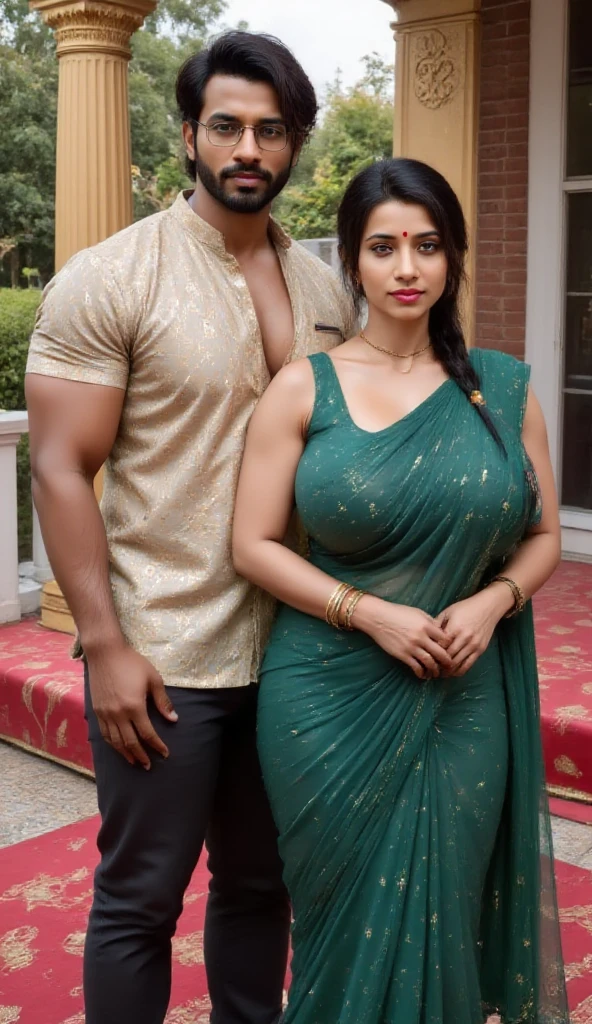 in a rainy day a busty women with huge breasts in grey saree intimate with her husband beside a river in an Indian village, forest capming