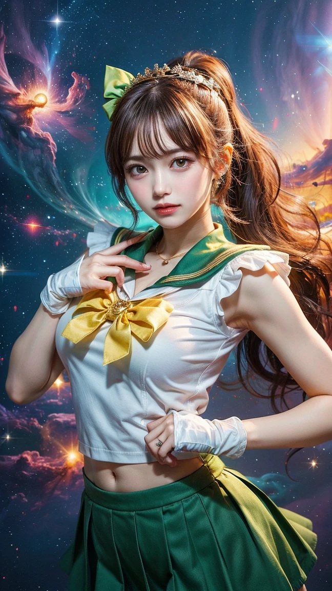 ((( A beautiful teen girl wearing a Sailormoon suit, seminude and controlling a Spaceship console with retro buttons, with her flying robot, central control ))), gaming style, joystick, Nintendo, 80s galaxy, DJ booth, Harajuku, Mars, curved middle hair, star war, masterpiece