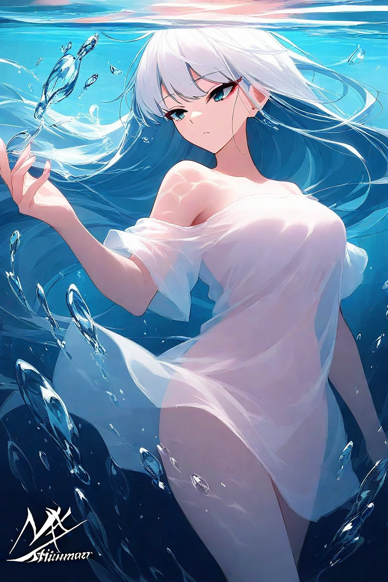 girl floating underwater, she looks at the water surface, White hair, side perspective,