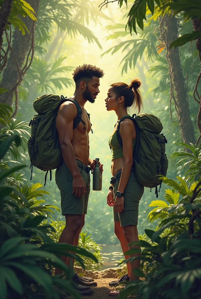 A black man with red hair and his muscular male partner with long, wavy, brown hair in the forest.