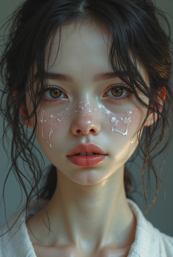 (Highest quality, 4K, 8k, High resolution, masterpiece:1.2), Very detailed, (Realistic, photoRealistic, photo-Realistic:1.37)、smile、Japanese、(Navy blue high neck sleeveless shirt)、(((Bukkake)))、Lips parted,