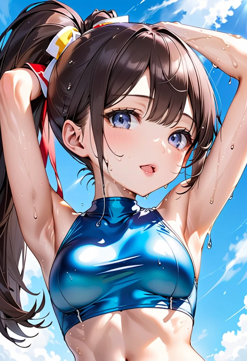 ((Lying on a rubber floating on the sea)), ((rash guard)), ((swimsuit sides see-through)), (((The swimsuit is a vivid color))), ((Mesh mini skirt)), holographic fabric, skindentation, skinny, solo, 1 woman, Masterpiece, highest quality, highest quality, 16K, incredibly absurd, highly detailed, 2.5D, ai-generated, delicate and dynamic, very delicate facial expressions, delicate eye depiction, erotic, only sexy woman, ((A cute and kind face)), healthy figure, 25-year-old woman, bride, 160cm tall, medium firm swaying bust, (dark hair), black eye, blush, Sweat,Embarrassed,sexy, ((thin thighs)), (Erect nipples:0.9), (visible nipples:0.9), ((shiny and lustrous)), facing straight at viewer, ((brown black skin)), ((Oily_skin)), sweaty skin, wet skin, (suntan), dutch angle, ((sexy pose)), Dynamic poses, ((Summer Sea)), Strong sunlight, ((sexy pose)),, ((Lying)), ((On the open sea)), Knee Up,
