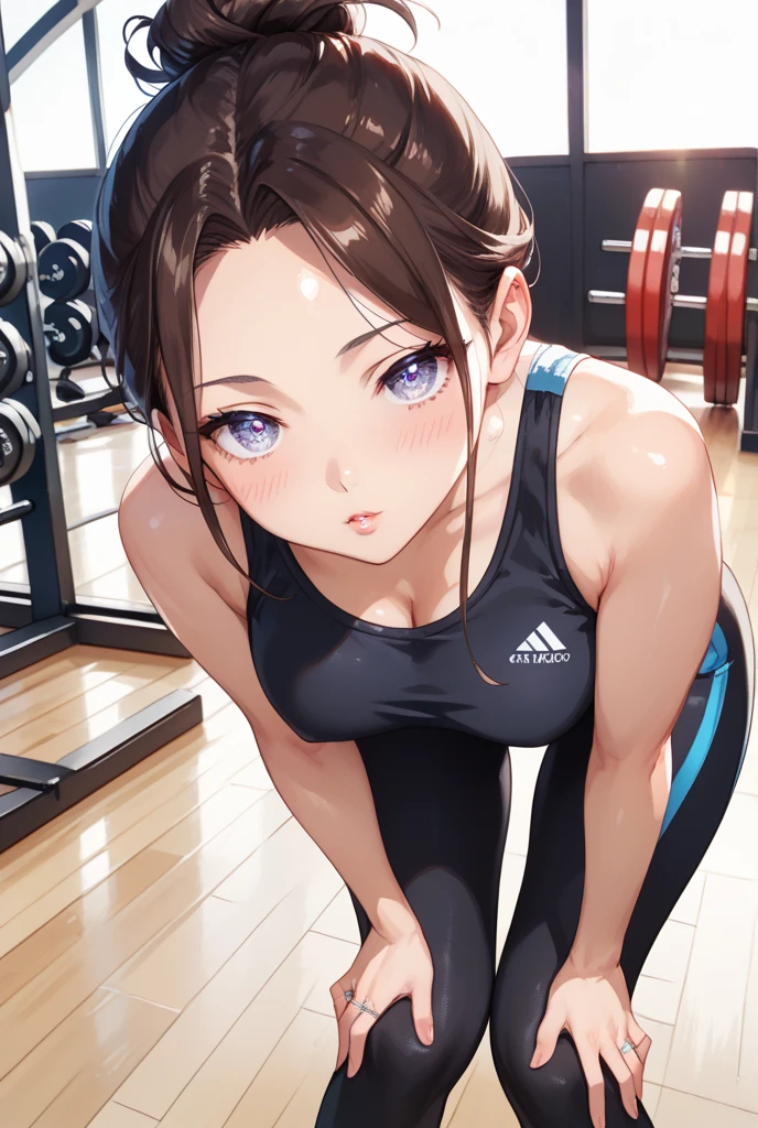 masterpiece, high resolution, beautiful woman, Korean Beauty, 30 years old, tight sports long sleeve, tight yoga pants, beautiful woman, training room, looking at me, (high resolution face), (high resolution eyes), (high quality eyes), black hair, purple eyes, little curvy
