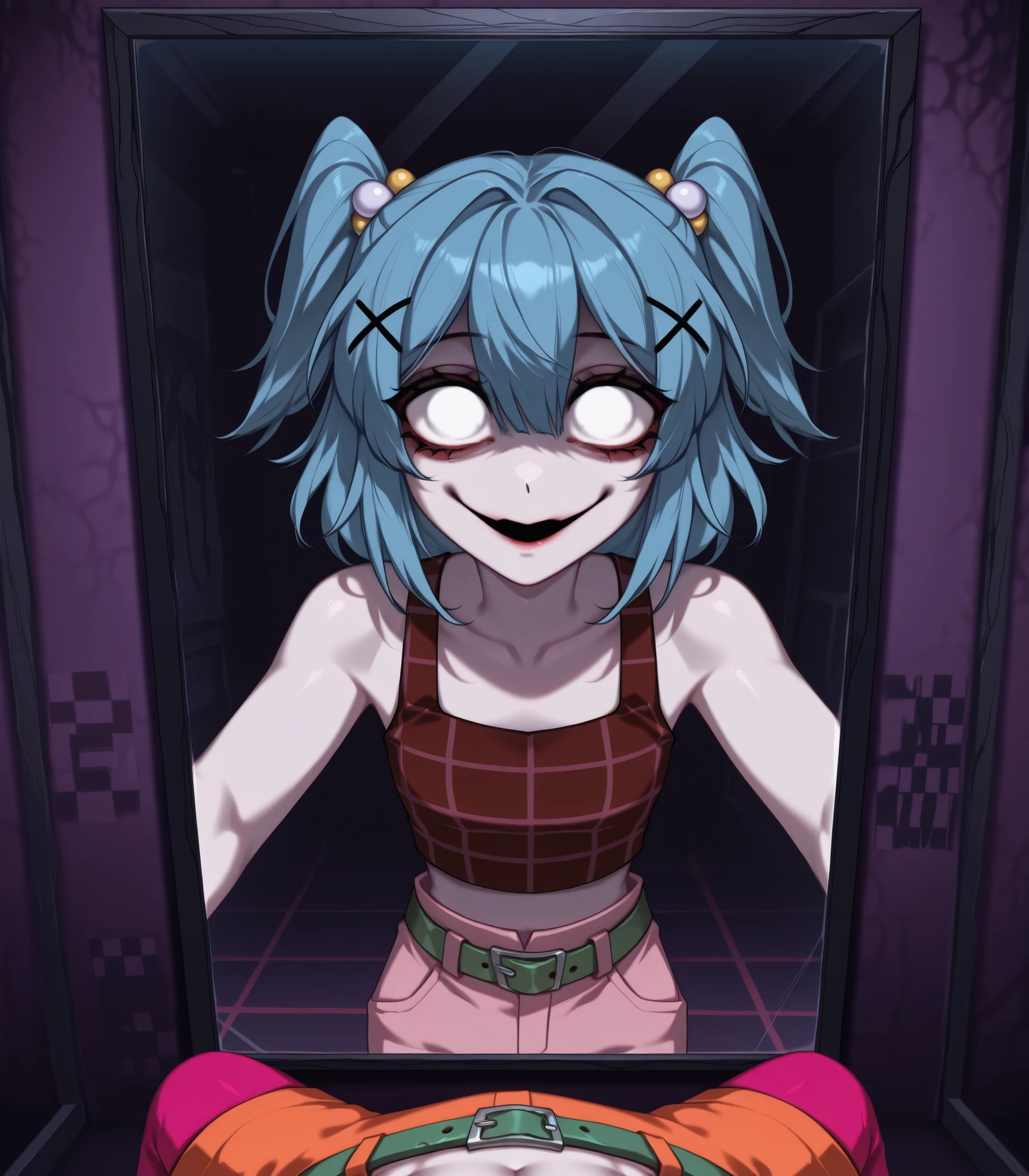  abstract background, digital_horror, fake smile, blank stare, dark nasty room, alienation,  Laceys_game,  two side up, pink pants, green belt, burgundy checkered crop top, bare shoulders, blue hair, two side up, orange shorts, burgundy tank top, white iris, pov: looking in the mirror
