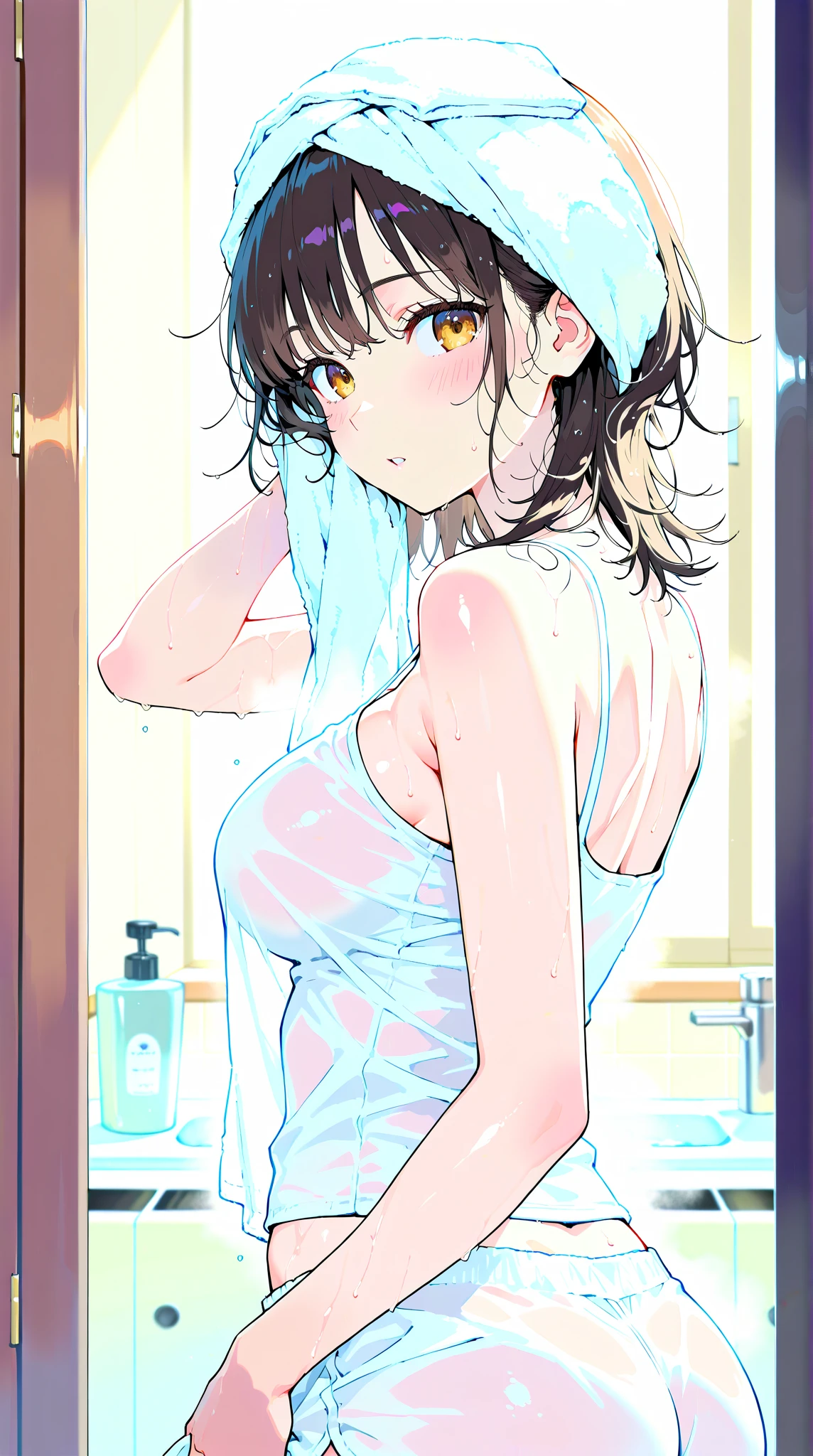 Perfect anatomy, masterpiece, best quality, (textured skin: 1.3), (super detail: 1.4), (high quality: 1.4), 1080p, UHD, 16k, dense skin, 1 girl, Japan person, Japan 17 year old girl, tight underwear, exposed panties, tight bra, satin underwear, wet underwear, clear skin, clean skin, Transparent beautiful girl, medium height, round eyes, big eyes, brown eyes, almond-shaped eyes, constricted pupils small nose, thin lips, open mouth, black hair, (medium hair: 1.4), short ponytail, (bangs: 1.5), thin chest plate, thin pelvis, no constriction, torso, small buttocks, knee-high socks, barefoot, mischievous smile, love hotel bathroom , Front Light, Cinematic Light, Night, Small, (((squatting, wide open legs, sexy pose)), cowboy shot, nudity, lotion on the body, sweat, ((crotch wet, lotion dripping from panties, lotion dripping from crotch))
