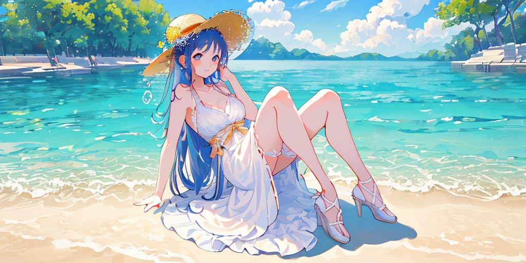Evil Queen from snow white and the seven dwarfs wearing a bikini and sitting at the beach on a lawn chair