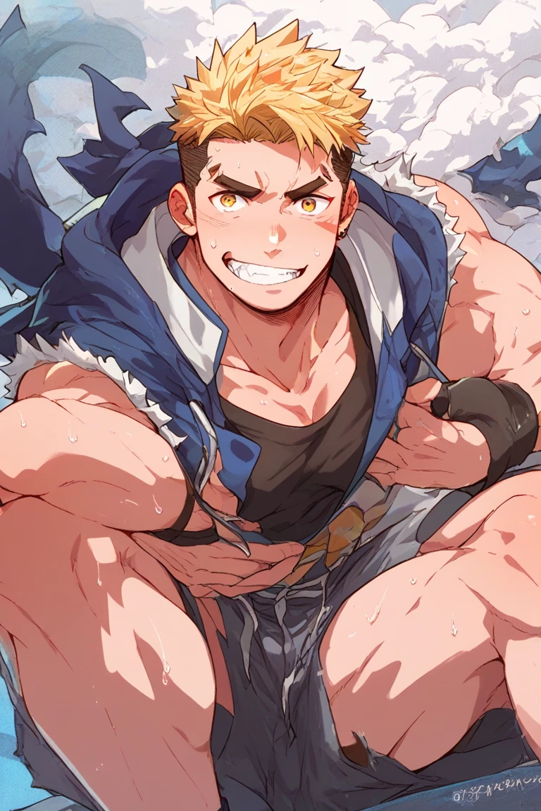 Showing off his muscular muscular back, red skin, bright red skin, the boy blushed shyly , rosy skin, shiny skin(muscular thigh muscles )( anime style, art) (photo angle from bottom up) (photo angle from the ground upwards) [Anime photo][highest quality photo][4k,HD photo quality ],  (muscular thigh muscles, firm thigh muscles, muscular thigh muscles, sinewy thigh muscles, giant thigh muscles, strong leg muscles, muscular hamstring leg muscles)(thigh), muscular, calloused, sinewy, giant) , Arataki Itto(Genshin Impact),fun, happy, huge body, muscular and muscular, bodybuilder, bodybuilding, standing, lots of sweat flowing down, topless, shirtless, hot sunny, 8 pack abs , short hair , green eyes, Side View , Raise your arm high to reveal your armpits, one Hand behind the head, cum, cumming, huge penis, huge erect penis slipping out of loincloth, large penis, long penis, showing his fully erect penis, cumming with erection, no clothes, torn clothes, holding his penis, masturbation, white hair, red eyes, no shorts, cum in penis, horns, oni horns, one hand holding his penis, solo