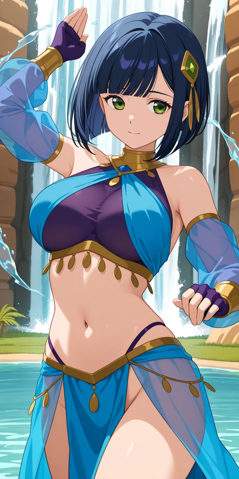 masterpiece, best quality, 1girl, solo, solo focus, xenoblade chronicles \(series\), sena \(xenoblade\), blue hair, fiery hair, side ponytail, brown eyes, dark-skinned female, large breasts, chest jewel, blush, happy, cleavage, smile, seductive smile, naughty face, muscular female, looking at viewer,