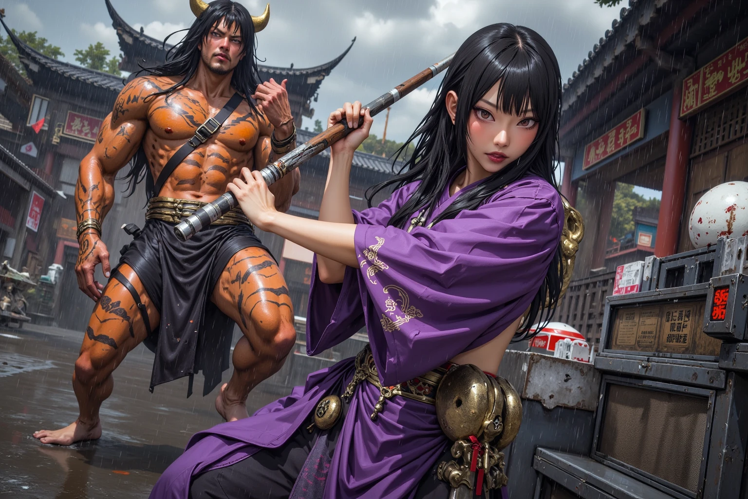 (((mtu))), (((best qualityer))), (((tmasterpiece))), (((AS-Adult))), ((( Japanese ))), Look up from your knees, Handsome Asian samurai,perfect body figure, Modern samurai, ((( Asian))), Wear gloves on your hands,The left arm is made of steel and metal tips,Made of protective devices, The eyes are pulled, (( Appears below the chest )), (( Small dental floss )), Simon Bisley, Almost ?????(Simon Bisley)Castle City Wilderness,For high-resolution posters, hair straight, Minimum clothing, armure (Crazy clothes ), Full of tips and rivets, tribal tattoos, (((full bodyesbian))), Straight brunette hair,Colored hair ends