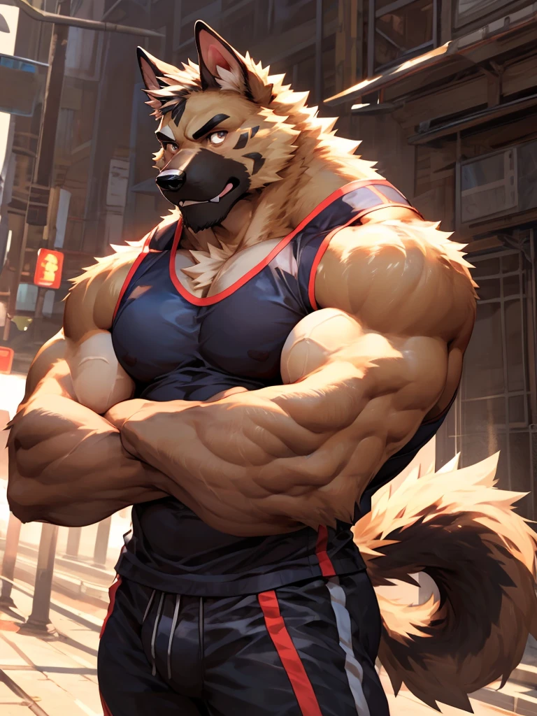 (2d cel anime:1.5),dutch angle,depth of field, motion blur, absurdres, looking at viewer, (best quality:1.3), (masterpiece:1.3), (ultra detailed:1.3),(detailed eyes:1.3),sharp focus,niji,(anthro male dog:1.3),(German sheperd),huge muscular,(big fellow),tall,(dog tail),(manly:1.2),track pants,naked upper body,showing body,(Sweating profusely:1.3),(by null-ghost),by traver009,by pino daeni