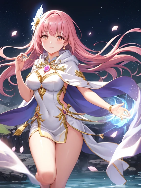 1 girl, game cg, priestess clothes, pink, angel wings, sideboob, under boob, belly button visible, thighs, loincloth, gigantic breasts, pink hair, long hair, straight hair, ahoge, pink eyes, smile, open mouth, magic attack, Rays of light, simple background, dynamic,