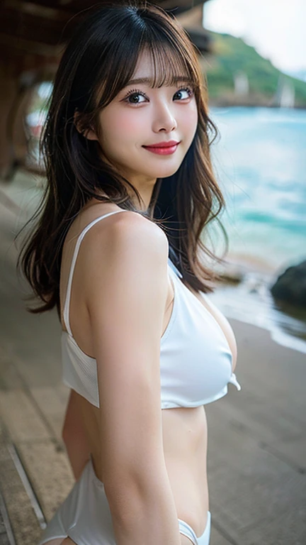 (((Graビア photography on a beach late at night on a beautiful moonlit night))),(((First Person))),(((Urzan-6500))),(((Perfect Anatomy:1.5))),(((Hasselblad's deep depth of field))),(((Coke bottle body with a slim waist and perky hips))),masterpiece,Highest quality,8K ultra-high resolution,Highly detailed portrait,(Like the picture:1.4),((Wide white sand beach)),White skin,(((Get your knees together and look over your shoulder))),Lift your chin and look up to the sky,Provocative Hip Up,20-year-old,cute,Smooth chestnut hair,Shiny brown hair,Smooth short bob,Hair blowing in the wind,((E-cup beautiful )),(White skinに食い込む紐ビキニ),(Soaking wet),(Cute Shiho),(Big smile),(I can't resist the waist stiffness),Eye for detail,((The contrast between the white sandy beach and the night sea in the moonlight)),((Fluttering bangs,Beautiful face,Long eyelashes,Big eyes,Clear double eyelids,Glowing Skin,Lip gloss,The necklace and earrings look great,