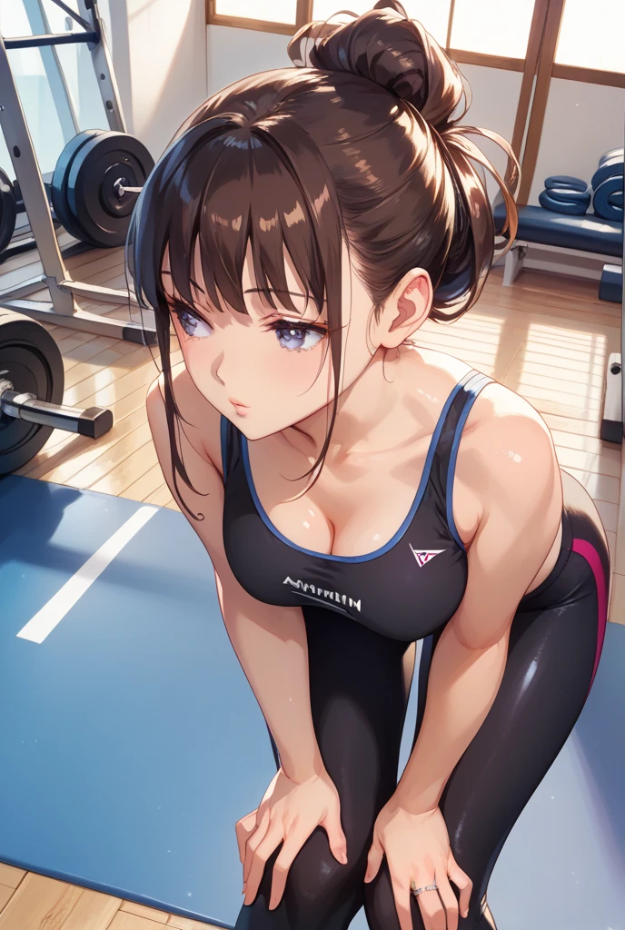 ((best quality)), ((masterpiece)), (detailed), perfect face, gym girl, ponytail, gym shirt, sudata, affaticata , sexy pose , boobs , she is alone, 