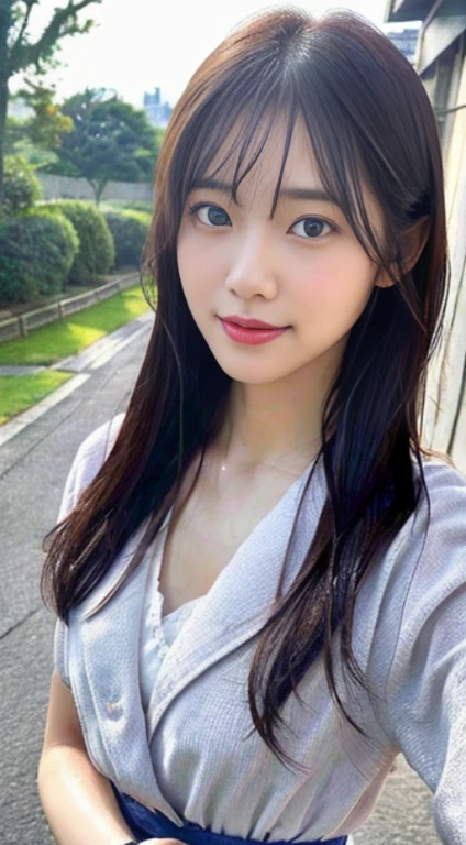 (8k、Highest quality、masterpiece、Ultra-high resolution、High resolution face:1.3)、Portrait、(20-year-old girl:1.3)、Bokeh Depth of Field、frontage、 The smile of a genius、Ultra-detailed、Ultra-high resolution、(Realistic、Realistic photos:1.37)、High-resolution RAW color photos、Professional photography、hVery detailed and beautiful、Very detailed、8k画像壁紙、Incredibly detailed、Large file size、Official Art、HVery detailed CG Unity 8k wallpapers、hVery detailed beautiful girl、Very detailed顔、Very detailed目、Very detailed皮膚、Very detailed指、hVery detailed nose、Very detailed詳細な口、Perfect Anatomy、HVery detailed clothing、1 girl、(18:1.2)、Teen、cute、Famous Japanese Idols、cute、Realistic body、、White skin、Glowing Skin、The body is slim、Handsome body、Brown haired、(Blunt bangs:1.2)、Classic wavy long hair、 (Hmph:1.3),Laughter、cute、Zola々right、cute faces、A vivid face、Delicate eyes、Source Order、White T-shirt、Skirt、Looking into the camera、Cowboy Shot、Along the River、Positive、Contrapo、public