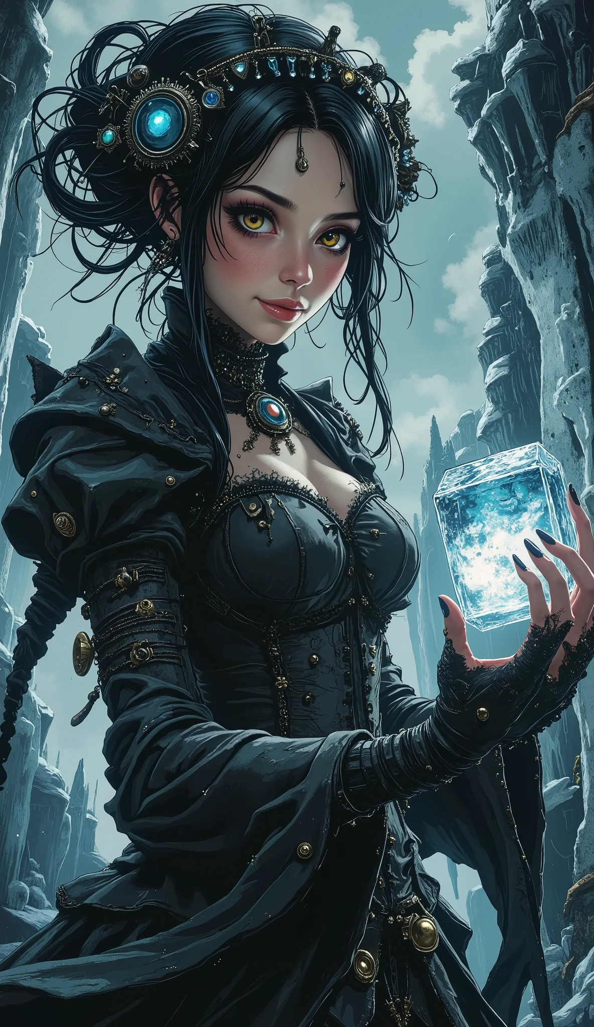 illustration, Beauty, comic book style, gothic style, nightmare, myths, aidmaMJ6.1, the play of light and shadow,
A full-length cinematic shot depicting the heroine dressed in an elaborate Gothic fantasy costume against a frozen landscape. The stage is designed in cold black, blue and white tones, which creates a gloomy icy atmosphere. She is wearing a round ice headdress decorated with shiny ornaments. Her expression is joyful and happy, her eyes are squinted with pleasure, and her head is turned towards the viewer, as if she is looking ahead.There is a kind smile on his lips.She holds out a large transparent ice cube to the viewer with both hands. Large vertical ice formations are depicted in the background, including icicles and icicle-like structures that emphasize the frozen environment. Soft diffused lighting creates a gentle glow that highlights the texture and details of the ice and costumes.