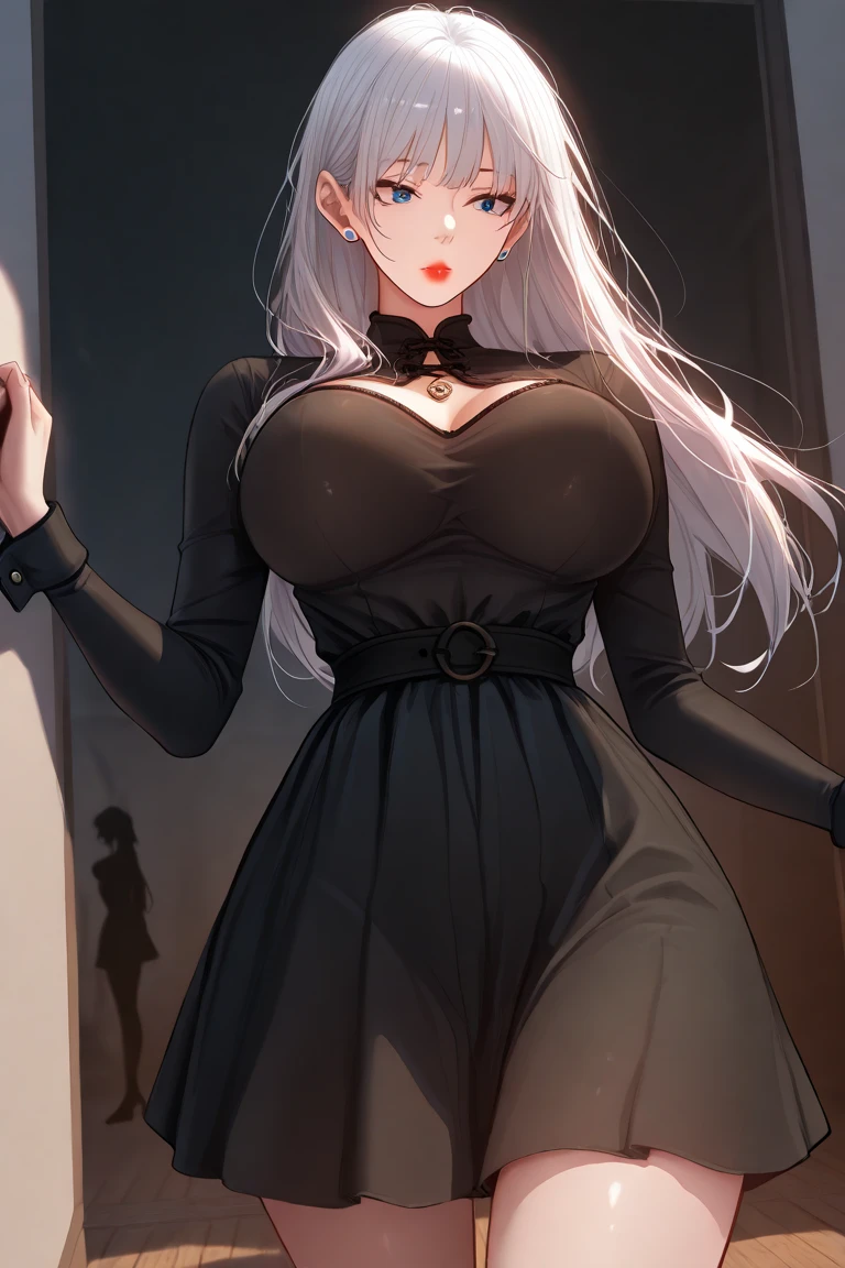 (masterpiece, reflections, atmospheric lighting, dynamic lighting), best quality, 1girl, white hair, luscious long hair, curly hair, deep red eyes, glowing eyes, delicate fingers, delicate legs, blushing, embarrassed, shy, lewd, standing up, ruby dangling earrings, black gown, long evening gown, evening gown, slit evening gown, formal gown, strapless gown, lingerie gown, sexy gown, hands over breast