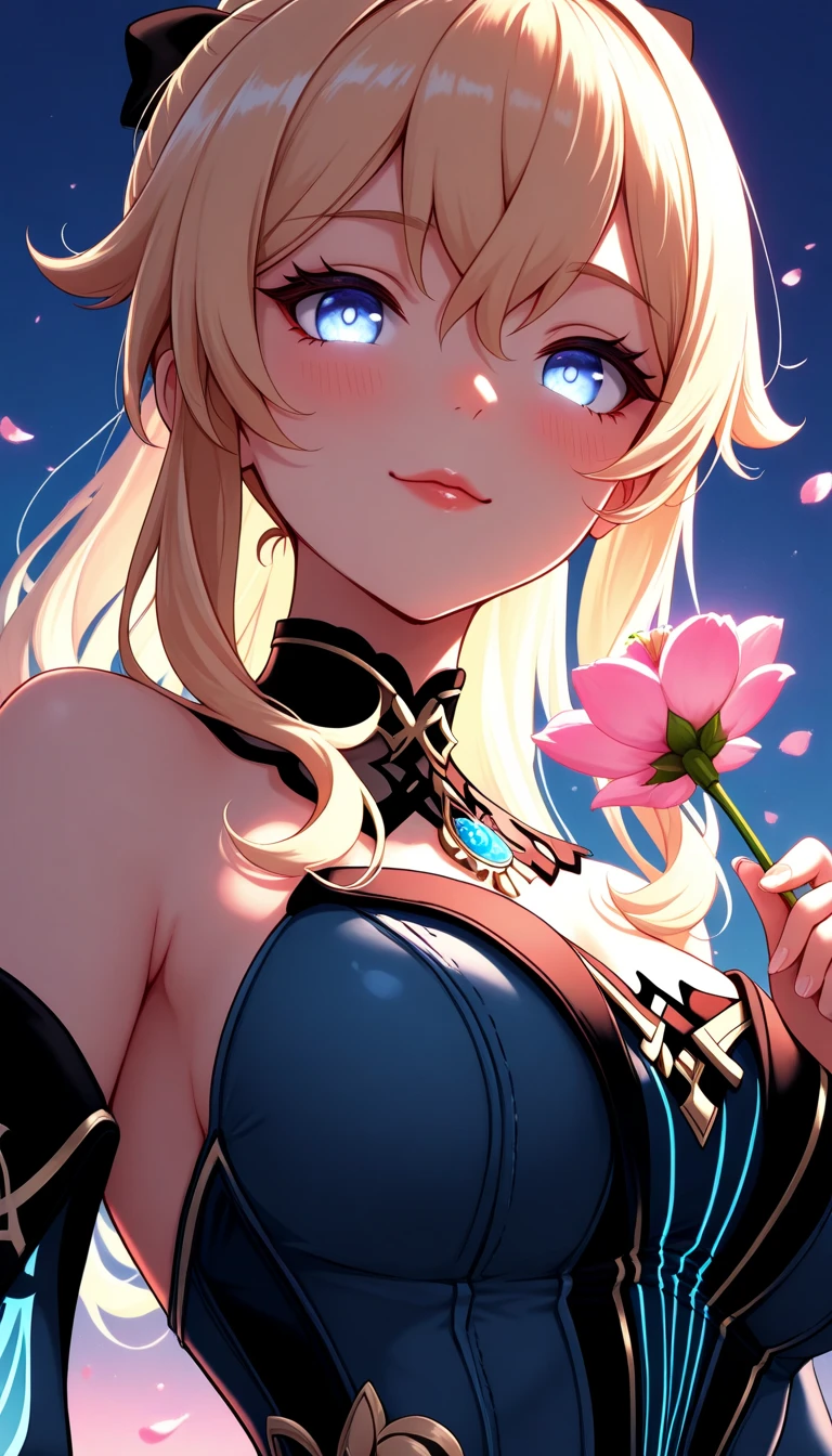realistic, one girl, blue eyes, glowing eyes, crop top, skirt, parted lips, blush, night, flowers, sun, sunlight, high detail, the right hair is blonde and the left hair is maroon, short hair.