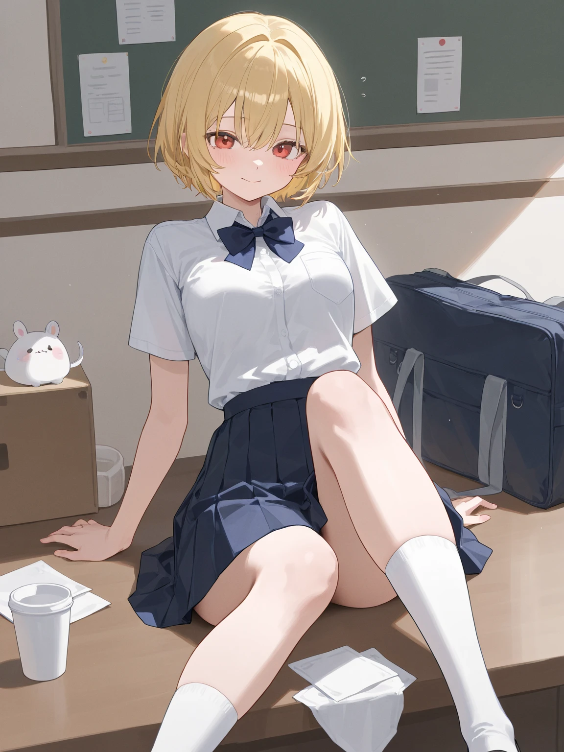 masterpiece, highest quality, High resolution, Horimiya、yoshikawa 、Blonde Short Hair、the body is slim、{front、From under the desk},{Pencil Mini Skirt, Bare feet and blue denim mini skirt、Lace panties are visible}whole body、Cowboy Shot, indoor, {Sit deep in a chair}, Holding a cup, coffee, Looking at the audience,