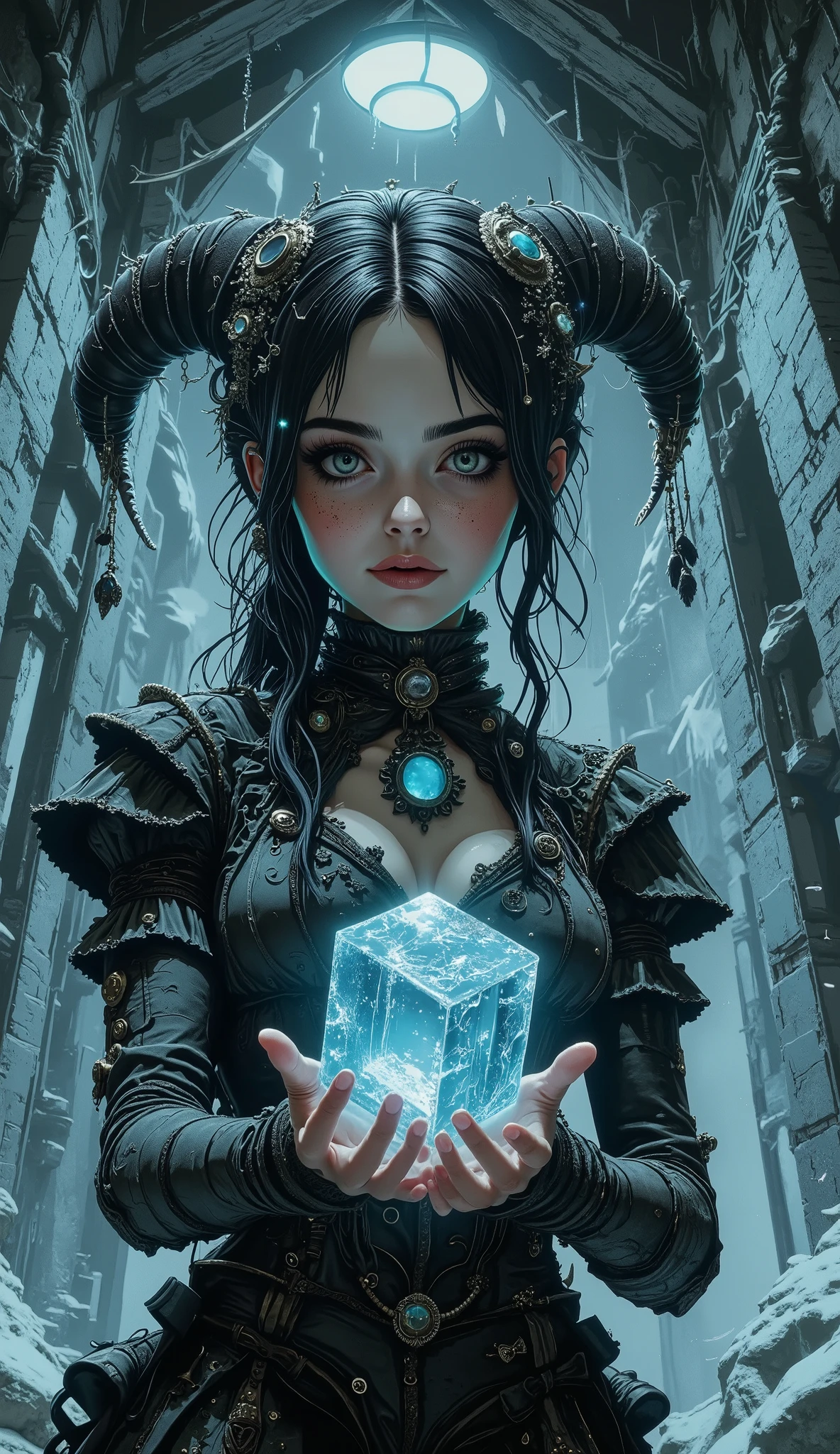 illustration, Beauty, comic book style, gothic style, nightmare, myths, aidmaMJ6.1, the play of light and shadow,
A full-length cinematic shot depicting the heroine dressed in an elaborate Gothic fantasy costume against a frozen landscape. The stage is designed in cold black, blue and white tones, which creates a gloomy icy atmosphere. She is wearing a round ice headdress decorated with shiny ornaments. Her expression is joyful and happy, her eyes are squinted with pleasure, and her head is turned towards the viewer, as if she is looking ahead.There is a kind smile on his lips.She holds out a large transparent ice cube to the viewer with both hands. Large vertical ice formations are depicted in the background, including icicles and icicle-like structures that emphasize the frozen environment. Soft diffused lighting creates a gentle glow that highlights the texture and details of the ice and costumes.