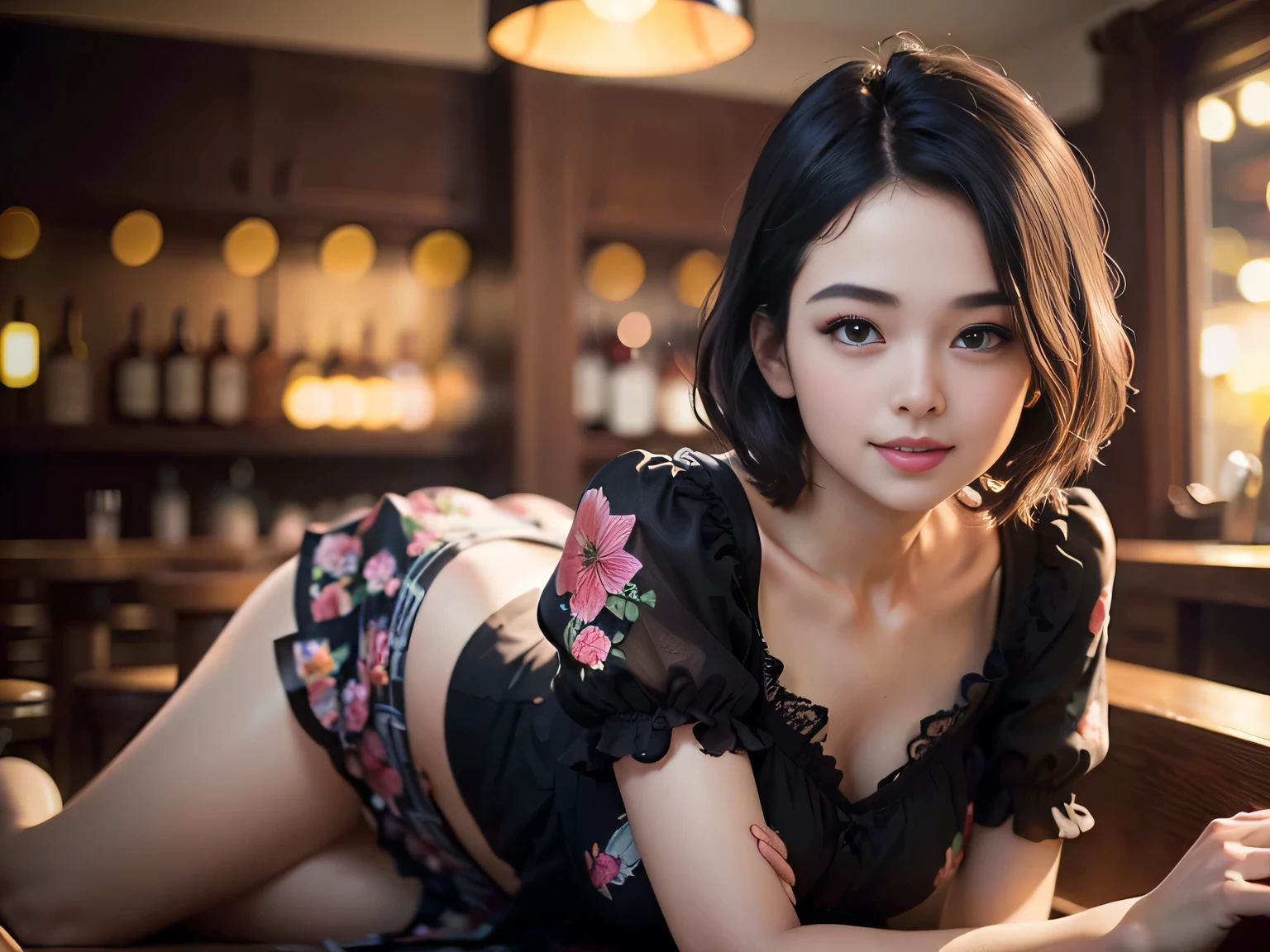 Best-quality, Masterpiece, Ultra-High-Resolution, (Photorealistic:1.4), Raw-Photo, 1girl, solo, 15-years-old, the most famous Japanese idol, portrait, face-focus, drinking cocktail, innocent smile, completely-drunk, extremely cute face like the most popular Japanese idol, (((extremely beautiful big-black-eyes))), extremely beautiful black-short-cut-haired, extremely beautiful long-eyelashes, extremely beautiful lips, extremely beautiful skins, wearing only pajama with cute-design, detailed pajama-with-cute-design