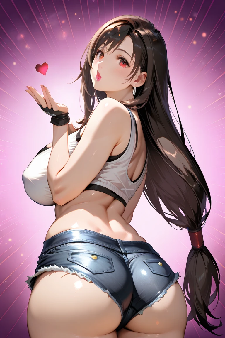 volumetric lighting, bangs, two side up, pink eyes, evil smirk, dark brown hair, medium hair, suggestive sexy eyes, beautiful plump lips, large breast, pornographic exposure, wide hips, big lips, (highest quality, amazing details:1.3), (solo:1.3), masterpiece, (extremely detailed 8k CG), gyaru, decora, evil smirk, squatting, ass focus, from behind, pov from below, pov from behind, big ass, big butt, denim micro skirt, thong, pink background, sparkles, kawaii