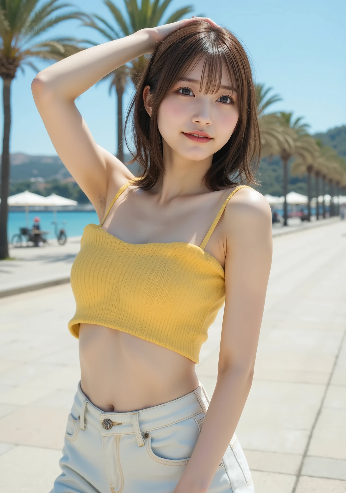 (masterpiece, best quality:1.1), (8k, raw photo, photo realistic:1.2, f22), (shiny skin), detailed skin,ponytail,ribbon,detailed face, detailed eyes,smile,BREAK, real world, intricate details, smil, BREAK, 1girl, full body,(Tank top,orange,crochet dress),BREAK, (coastal:1.4)