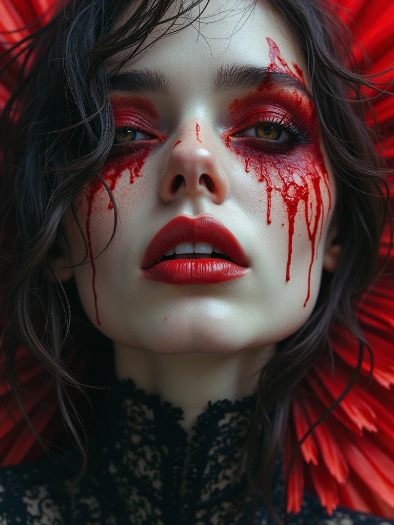 The image is a digital illustration of a woman with red lips and red splattered background.