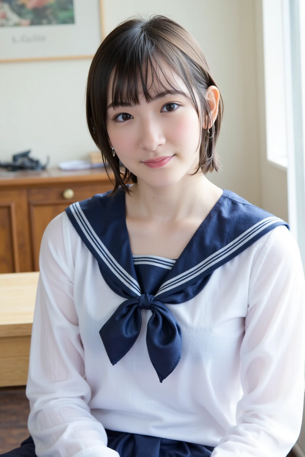 ulzzang-6500-v1.1, (Raw photo:1.2), (Photorealistic:1.4), Beautiful detailed girl, Very detailed eyes and face, Beautiful detailed eyes, Huge file size, (Big), High Resolution, Very detailed, Best quality, [Masterpiece:1.6], [JK Uniform], Illustration, Very detailed, CG, Fine detail, Best quality, Highly detailed CG uniform 8k wallpaper, movie lighting, 1 girl, 17 years old, cute Japan high school girl, perfect figure, [unbuttoned white school blouse], large taut breasts, [huge breasts, heavy breasts: 1.6], cute droopy eyes, beautiful big eyes, white school blouse, see-through bra, sweaty and wet, [sexual arousal: 1.1], [Sexual arousal: 1.1] Lying in bed: 1.5], hands raised, school uniform ribbon around the neck, smile, (the whole body is wet), shining eyes