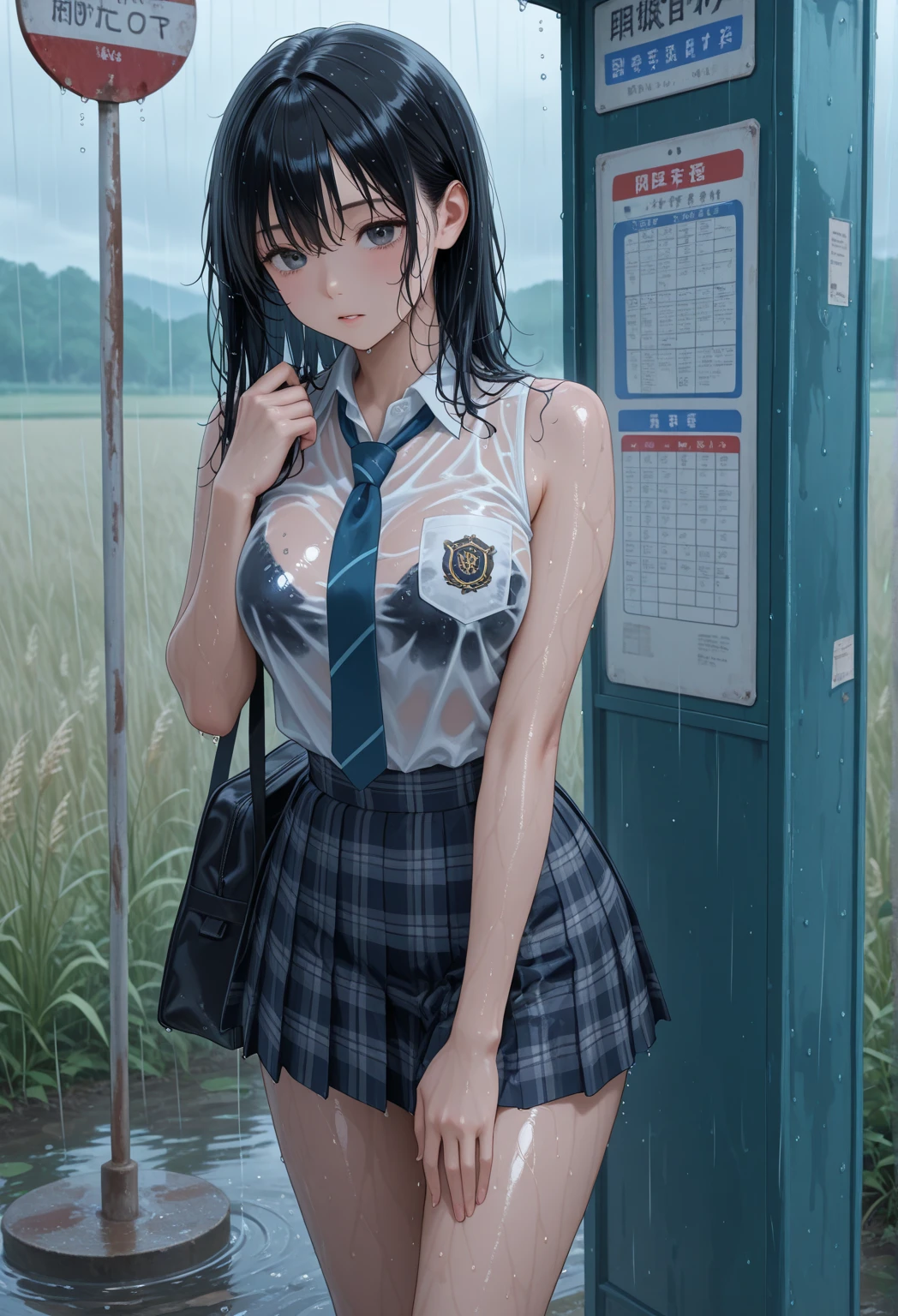 Girl with anxious expression closed eyes in uniform standing in the rain, after rain and no girl, beautiful anime high school girl, a hyperrealistic schoolgirl, in the style of makoto shinkai, raining outside, Realistic Schoolgirl, Shinkai Makoto style, It's raining outside, Smooth Anime CG Art, rainy wet, makoto shinkai art style, [ 4 k digital art ]!!Japanese Models, Young skinny gravure idol, Young Pretty Gravure Idol, hposing Gravure Idol, in bikini, Cute Bikini, gorgeous bikini model, Realistic Young Gravure Idol, Beautiful Asian Girl, Young Gravure Idol、Close up portrait of slim woman about 15 years old, Slim body, beautiful upper body, Japanese Models, Perfect body, Slim body, photo of slim girl model, Beautiful body, jaw-dropping beauty, Photo of slim girl, waist - shot、girl portrait, realistic anime 3 d style, kawaii realistic portrait, Anime Realism Style, made with anime painter studio, [ 4 k photorealism ]!!, [ 4 k photorealism ]!!!, Smooth Anime CG Art, photorealistic anime, soft portrait shot 8 k, anime realism