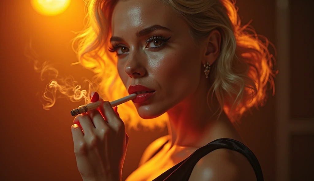 cinematic film still score_9, score_8_up, score_7_up, dramatic lighting, (realistic:1.3), (light freckles:0.4), medium shot anya woman smoking a cigarette, red lipstick, lips on cigarette, pucker, smoke, close up, red nail polish . shallow depth of field, vignette, highly detailed, high budget, bokeh, cinemascope, moody, epic, gorgeous, film grain, grainy