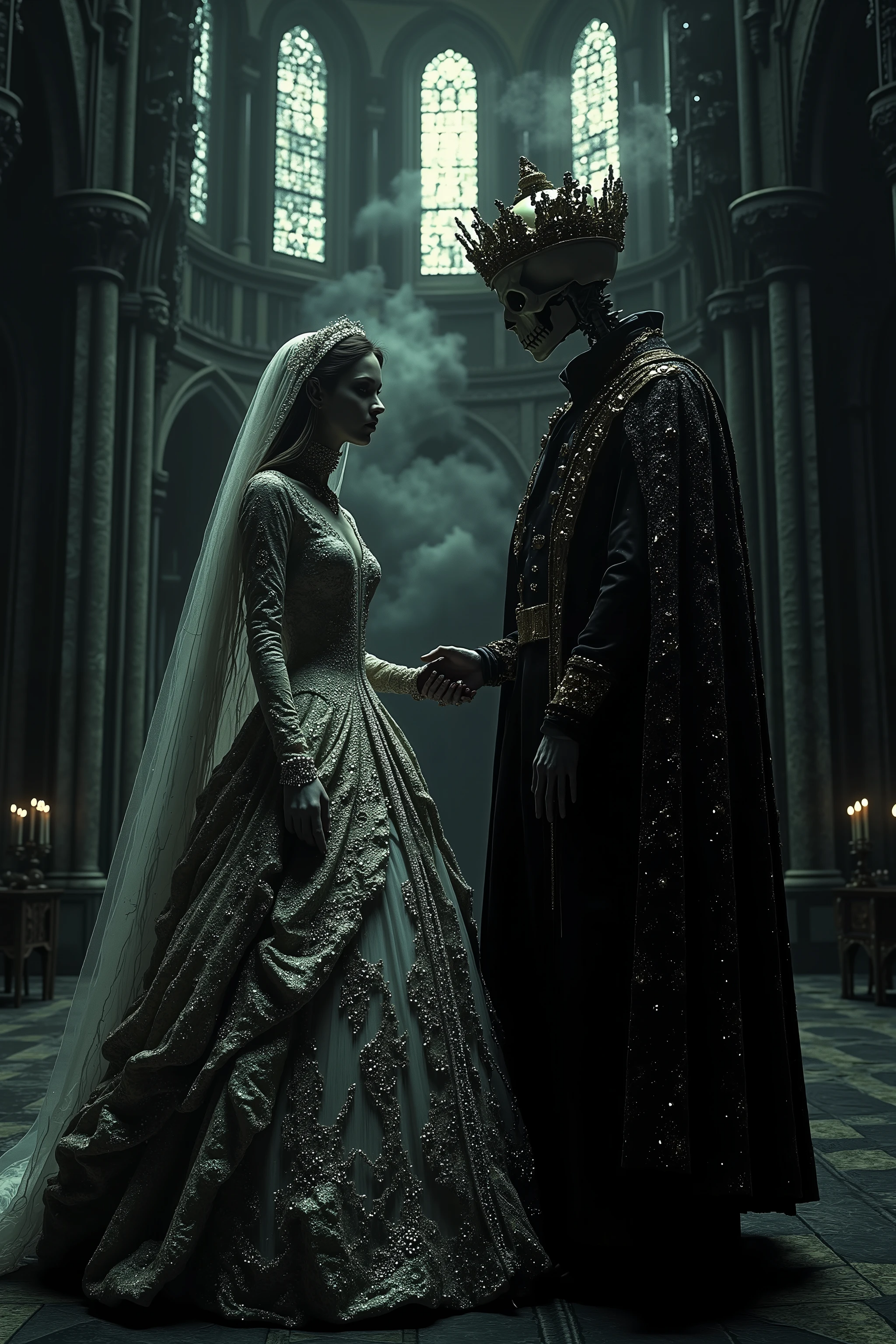 A beautiful young bride standing with a skeleton groom wearing a jeweled crown, both in elaborate Victorian/Gothic style wedding clothing, intricate lace, ultra-realistic, photo-realistic, cinematic, dark moody lighting, gothic cathedral background, dark clouds, dramatic shadows, fine details, photorealistic, 8K, ultra-detailed, professional, dramatic, chiaroscuro, dark fantasy, gothic, macabre horror,spooky atmosphere, creepy creepstyle,  masterpiece 