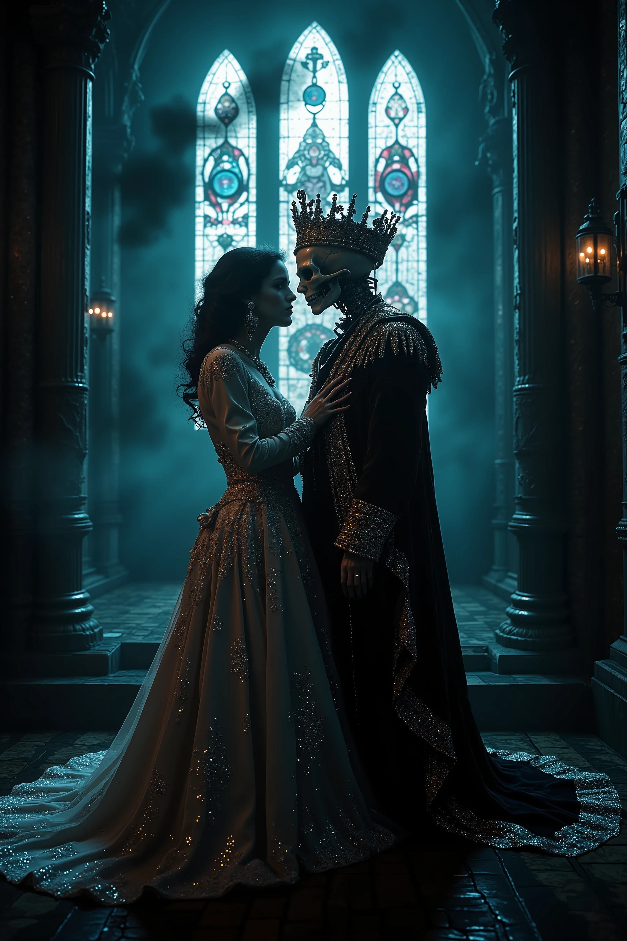 A beautiful young bride standing with a skeleton groom wearing a jeweled crown, both in elaborate Victorian/Gothic style wedding clothing, intricate lace, ultra-realistic, photo-realistic, cinematic, dark moody lighting, gothic cathedral background, dark clouds, dramatic shadows, fine details, photorealistic, 8K, ultra-detailed, professional, dramatic, chiaroscuro, dark fantasy, gothic, macabre horror,spooky atmosphere, creepy creepstyle,  masterpiece 
