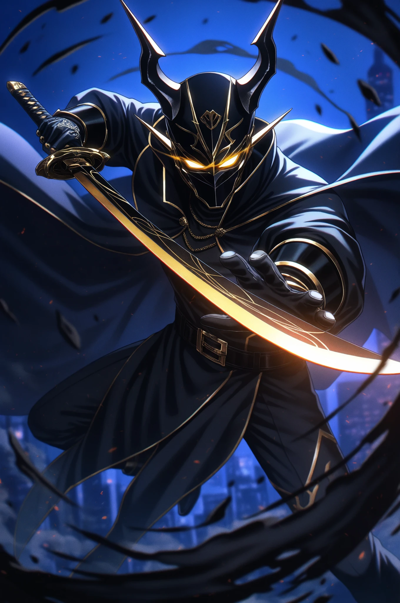 (masterpiece, best quality, absurdres, highres), amazing quality, very aesthetic, volumetric lighting, digital art style, drawn aesthetic, concept painting, ultrahigh definition, dark blue lighting, detailed, intricate details, red low key lighting, newest,1boy, male focus, mask, gold and black theme, simple background, blue background, dynamic pose, action pose, black hair, black attire, urban wear, gold, jewelry, horns, golden eyes, eyelashes, looking at viewer, smoke, glowing eyes, action shot, dynamic pose, high angle, full body, black smoke, chaos, holding sword, image depth, dynamic angle, long cape, cap, foreshortening, blurry background, dark lighting, dark background, dof, depth of field, detailed line work, low key, dramatic lighting, dark theme