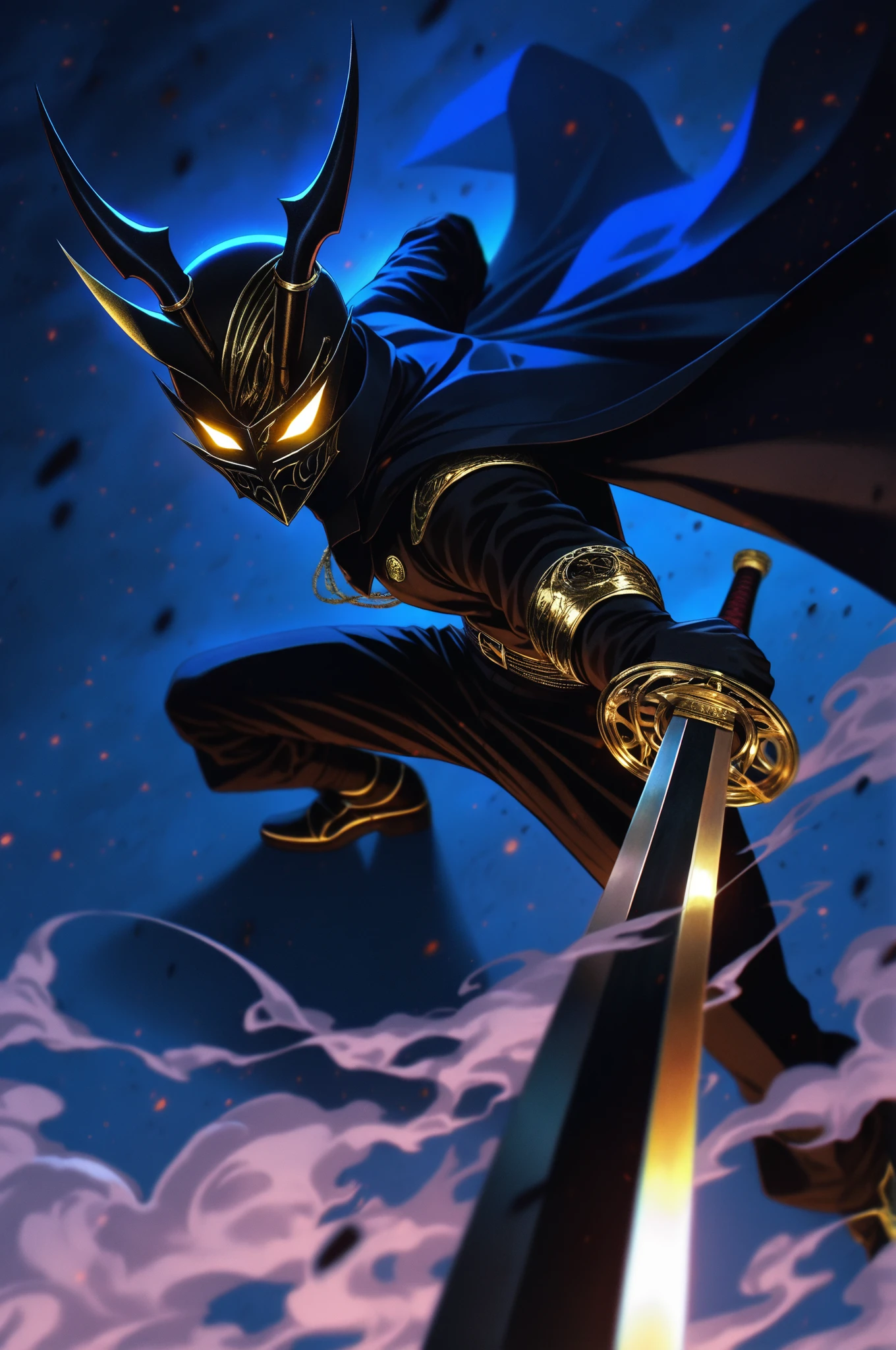 (masterpiece, best quality, absurdres, highres), amazing quality, very aesthetic, volumetric lighting, digital art style, drawn aesthetic, concept painting, ultrahigh definition, dark blue lighting, detailed, intricate details, red low key lighting, newest,1boy, male focus, mask, gold and black theme, simple background, blue background, dynamic pose, action pose, black hair, black attire, urban wear, gold, jewelry, horns, golden eyes, eyelashes, looking at viewer, smoke, glowing eyes, action shot, dynamic pose, high angle, full body, black smoke, chaos, holding sword, image depth, dynamic angle, long cape, cap, foreshortening, blurry background, dark lighting, dark background, dof, depth of field, detailed line work, low key, dramatic lighting, dark theme