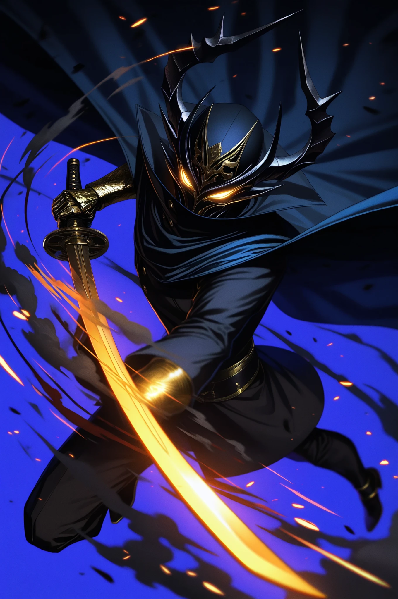 (masterpiece, best quality, absurdres, highres), amazing quality, very aesthetic, volumetric lighting, digital art style, drawn aesthetic, concept painting, ultrahigh definition, dark blue lighting, detailed, intricate details, red low key lighting, newest,1boy, male focus, mask, gold and black theme, simple background, blue background, dynamic pose, action pose, black hair, black attire, urban wear, gold, jewelry, horns, golden eyes, eyelashes, looking at viewer, smoke, glowing eyes, action shot, dynamic pose, high angle, full body, black smoke, chaos, holding sword, image depth, dynamic angle, long cape, cap, foreshortening, blurry background, dark lighting, dark background, dof, depth of field, detailed line work, low key, dramatic lighting, dark theme