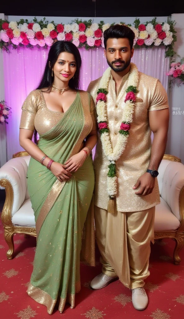 "Generate an image of a busty woman with huge breasts in a grey saree hiding in a jungle with a man in a suit