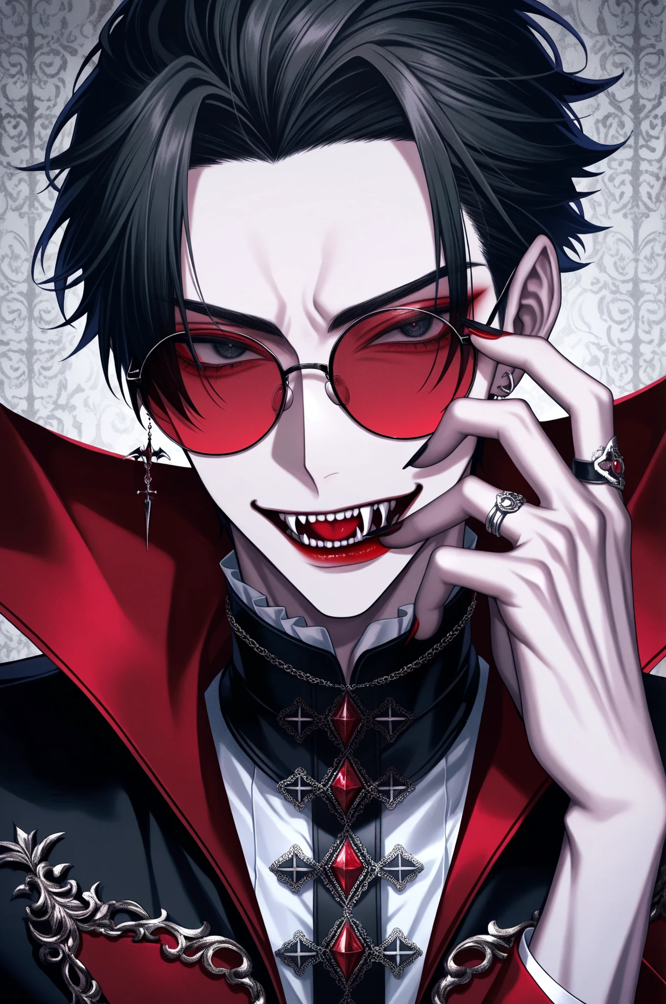 1boy, adult male, digital portrait of a fashionable anime male vampire with black hair, fangs, and goth clothing; his black eyes are hidden behind red sunglasses, his nails are long and clear, his accessories are ornate and detailed, dramatic, stylized with black and red color palette with detailed textures emulating digital illustration, ultra-detailed, intricate details,masterpiece, best quality, amazing quality, hyper-detailed, newest, very aesthetic