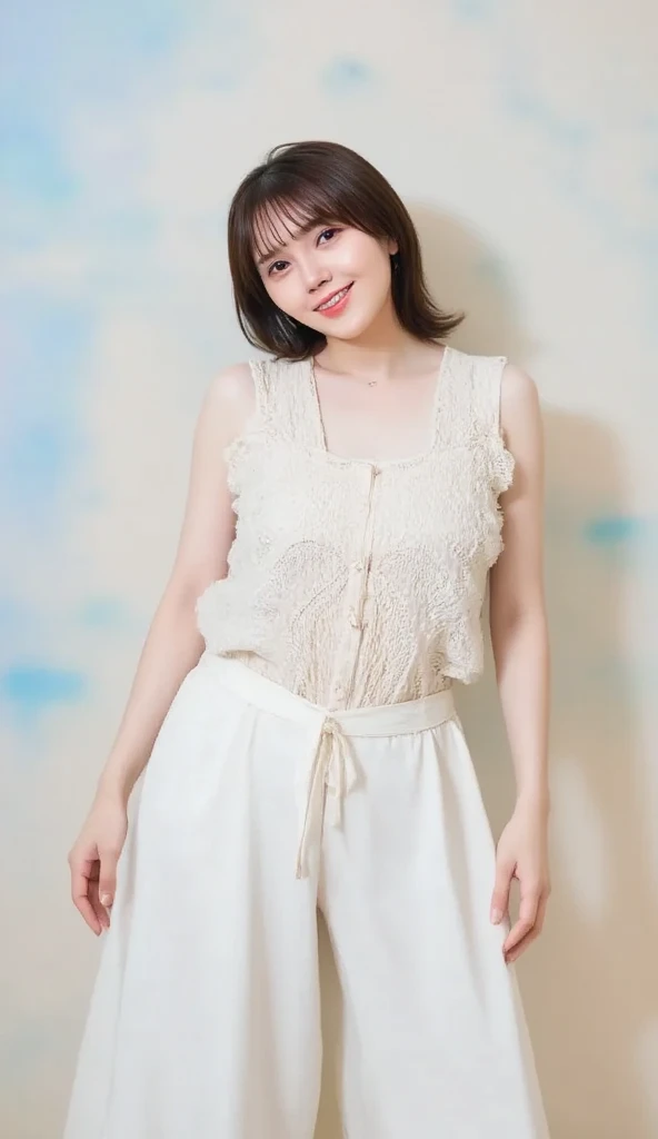 1girl, (top quality, masterpiece, ultra high definition, (photorealistic: 1.4), highly detailed, professional lighting smile, cute girl, beautiful smile), sheer white underwear, virtual YouTube, detailed skin texture, detailed cloth texture, beautiful and detailed face, collarbone, (ULZZANG-6500-V1.1:0.4), Tokyo, ((Luxuriously immersed in hot springs)). Full body view. (The head of the nipple and the toe of the camel are visible)
