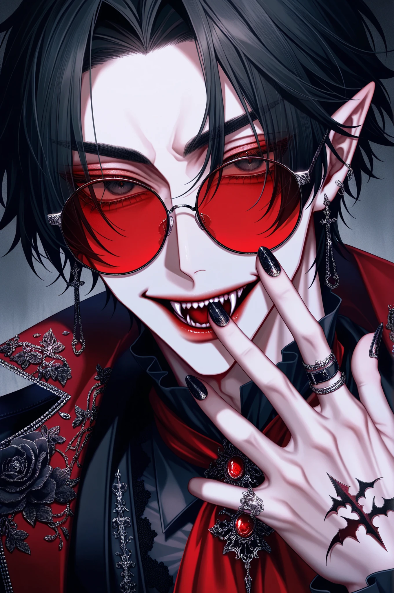 1boy, adult male,  digital portrait of a fashionable anime male vampire with black hair, fangs, and goth clothing; his black eyes are hidden behind red sunglasses, his nails are long and clear, his accessories are ornate and detailed, dramatic,  stylized with black and red color palette with detailed textures emulating digital illustration, ultra-detailed, intricate details,masterpiece, best quality, amazing quality, hyper-detailed, newest, very aesthetic 