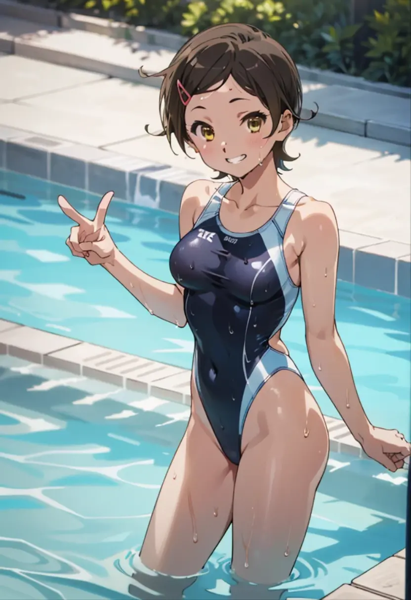 (high quality, 8k, 4K, High Contrast, masterpiece:1.2, 最high quality, Best aesthetics), , Very detailed, Seductive and erotic girl, Age 25,false smile, Forced smile,Shadowy Face,blush,Embarrassed,(Normal milk, ), Focus on the face, Small face,Complex eyes,, laced , Poolside,Pause waiting for insertion, Black Hair,Spatz-type competitive swimsuit,Toned Body,muscle質、muscle,Gatai is good,Muscular,Shortcuts