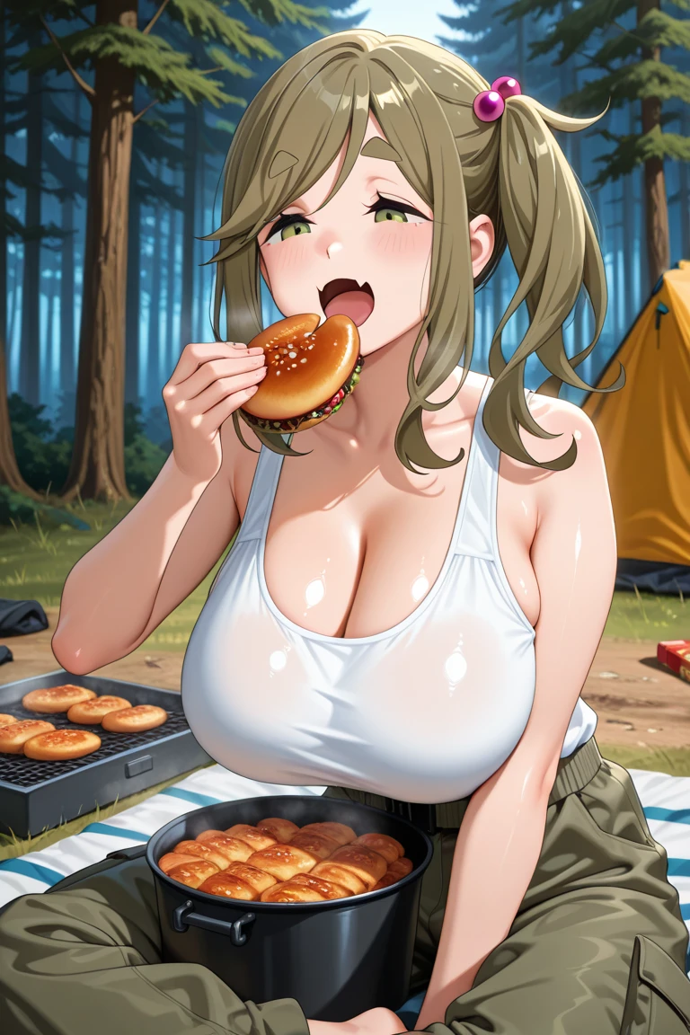 Hentai、High resolution、A gal with huge opens her mouth wide and sucks on a frankfurter sausage in a tent on a tropical resort beach.、Nishizumi Maho、Perfect proportions、Cowboy Shot、Saggy super huge 、Fatty legs、Exposing shaved pussy、Clear eyes、Sweaty