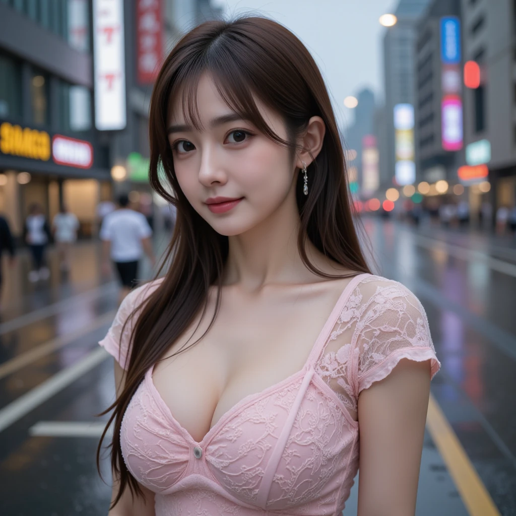 highest quality。8K-Picture。Ultra-high resolution。The background is a night city。With a girl。Long hair、Slightly wavy,,,,,,,,,,,,,,,,,,,,,,,,,,,,,,,,,,,,,,,,,,,,,,,,,,,。The color is dark brown。Glamour Style、((Big Breasts:1.8))。Wearing a red dress、Gorgeous dancing photos。Overall delicate finish。Beautiful body line。Long legs、((Her hair shines as it reflects the street。The eyeball reflects the surrounding scenery。My skin is wet with night dew))。Almost the perfect woman。((time々Upper body close-up))。The second highlighted part々I want a close-up shot。