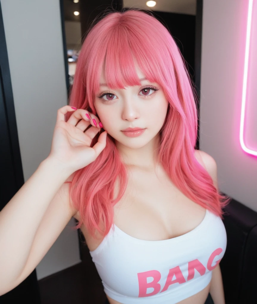 Girl Busty brazilian woman in bikini in bedroom look at chest with red face with pink hair in pink bikini