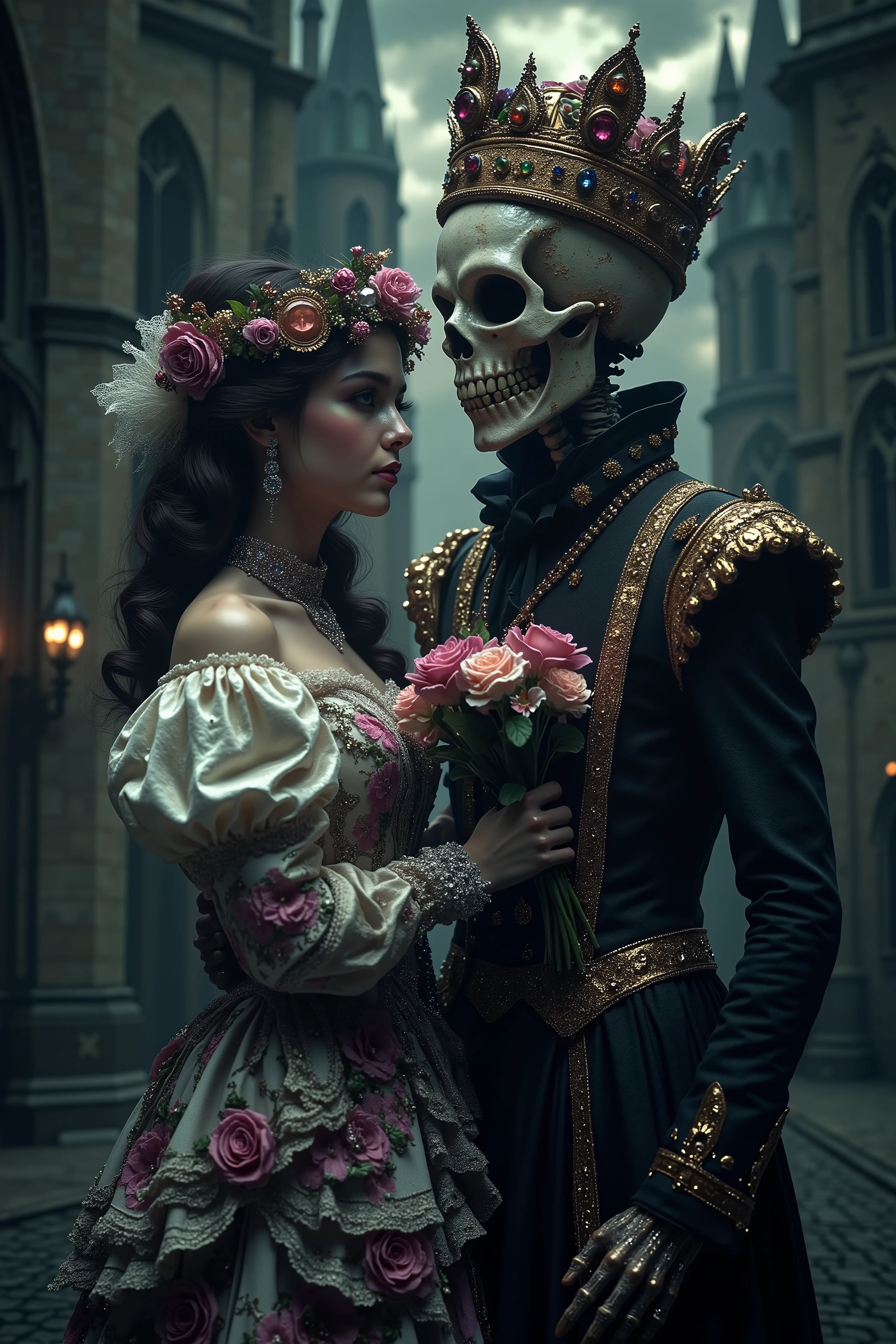 a close up of a beautiful young bride standing with a skeleton groom wearing a jeweled crown, both in elaborate Victorian/Gothic style wedding clothing, intricate lace, ultra-realistic, photo-realistic, cinematic, dark moody lighting, gothic cathedral background, dark clouds, dramatic shadows, fine details, photorealistic, 8K, ultra-detailed, professional, dramatic, chiaroscuro, dark fantasy, gothic horror,spooky atmosphere, creepy creepstyle, masterpiece 